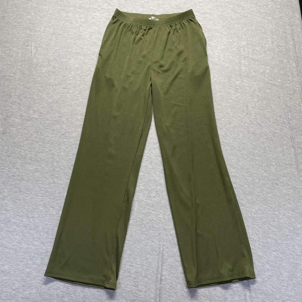 Ekouaer Trouser Pants Womens Medium Olive Green High Rise Ribbed Knit Wide Leg